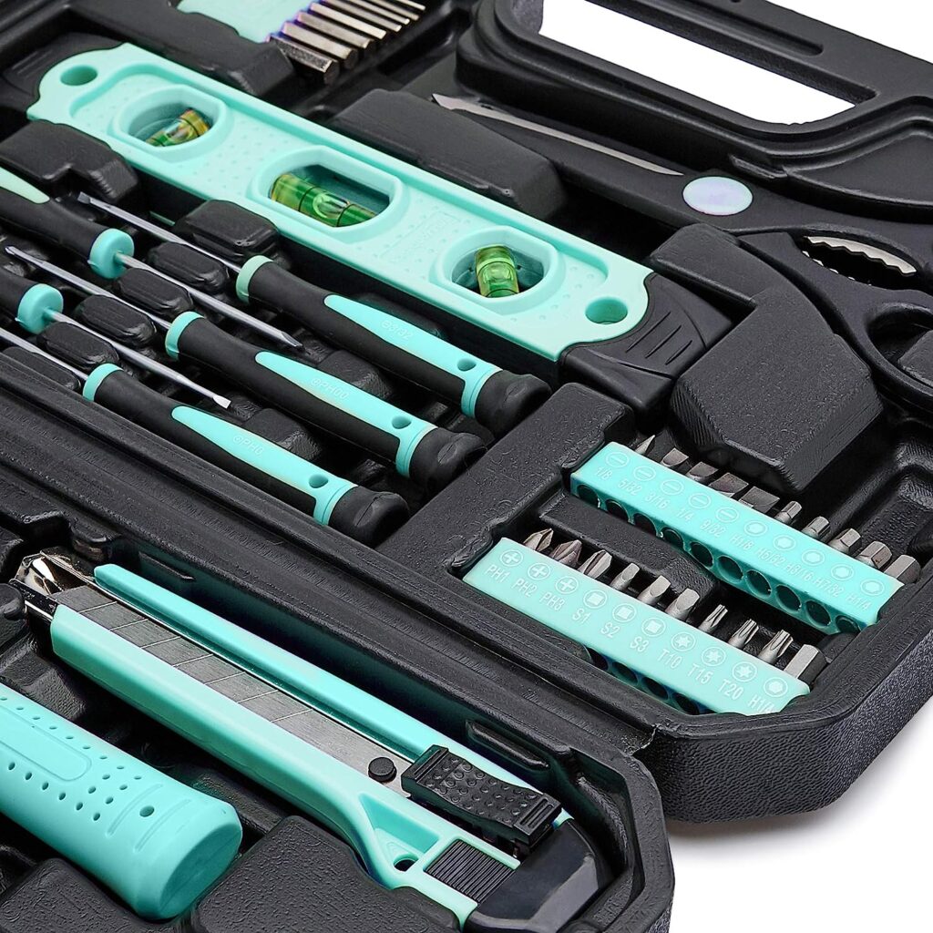 Amazon Basics Household Tool Kit With Storage Case, 142 Piece, Turquoise, 13.39 x 9.25 x 2.95 inch