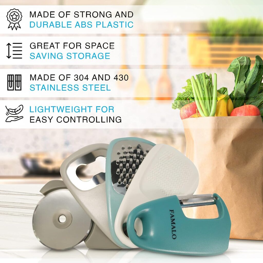 FAMALO Kitchen Gadgets Set 5 Pcs, Space Saving Cooking Tools,Utensil Set,Cheese Grater, Vegetable Peeler, Garlic Grinder, Pizza Cutter, Bottle Opener, Portable Kitchen Tools for Travel, Camping
