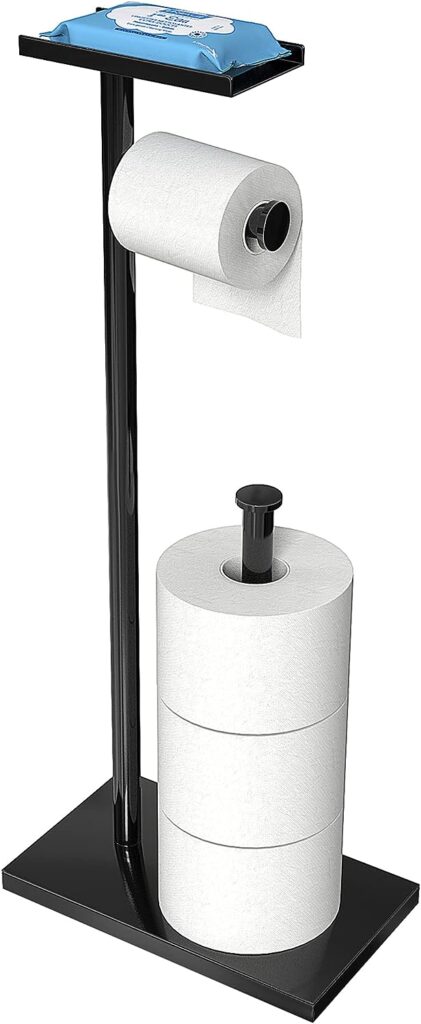 CISILY Black Toilet Paper Holder Stand with Phone Shelf, Bathroom Toliet Decor Decoration. Tissue Paper Roll Holder Free Standing Storage, Rv Accessories, Apartment Restroom Household Home Essentials