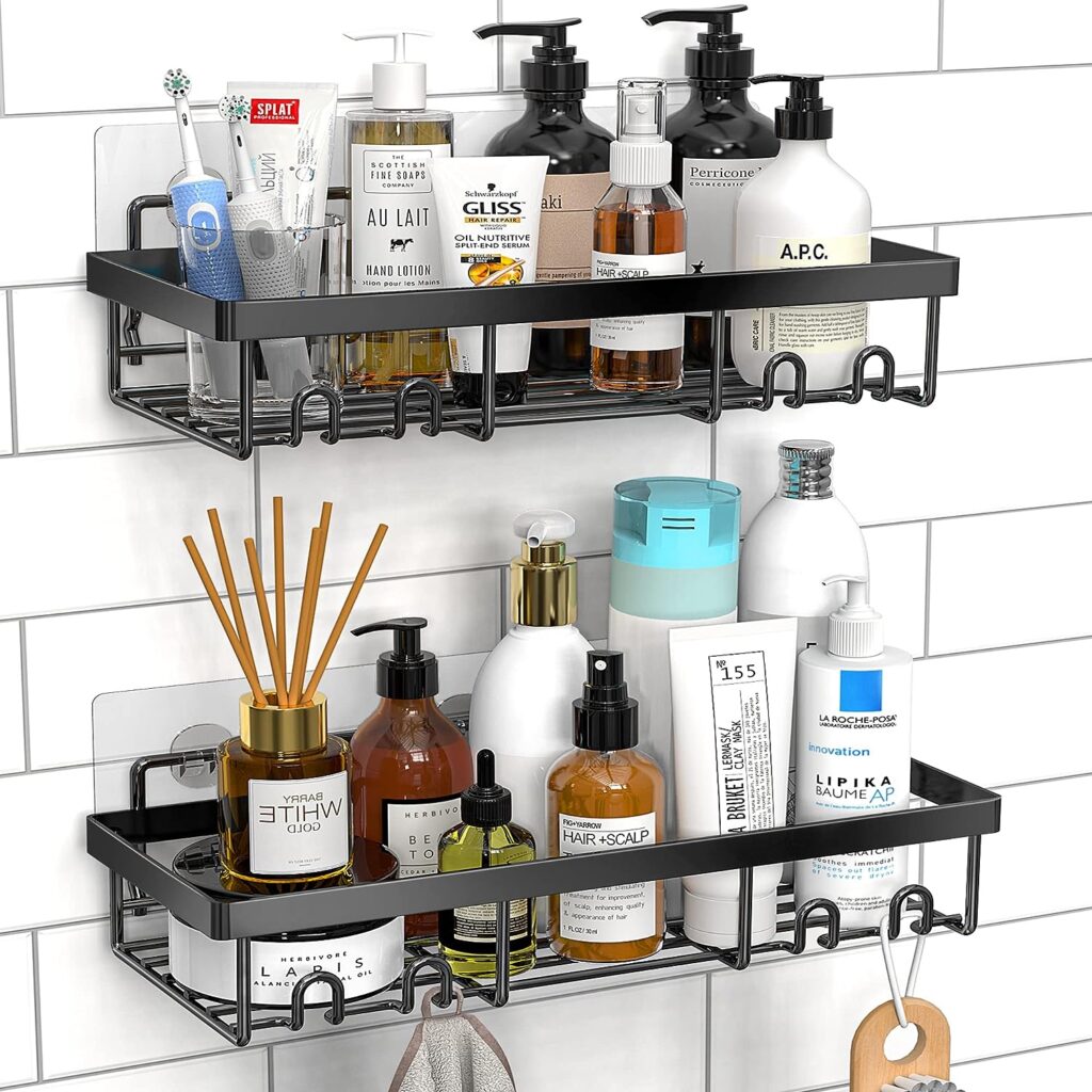 Moforoco Shower Caddy Shelf Organizer Rack, Self Adhesive Black Bathroom Shelves Basket, Home Kitchen Wall Shower Inside Organization and Storage Decor Rv Accessories, First Apartment Essentials