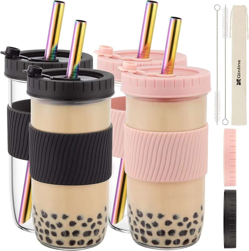 Reusable Boba Cup Glass Bubble Tea Cup 4 Pack, 24Oz Wide Mouth Smoothie Cups with Lids Straw  Silicone Sleeve, Leakproof Mason Jar Drinking Water Bottle Travel Tumbler for Large Pearl Valentine Gifts