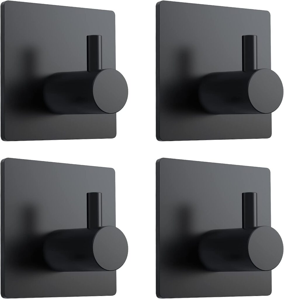 VISV Adhesive Hooks, Black Self Adhesive Towel Hooks Waterproof Shower Wall Stick on Hooks Heavy Duty Stainless Steel Bathroom Kitchen Sticky Hooks for Towel Robe Loofah Key Coat Bag - 4 Pcs