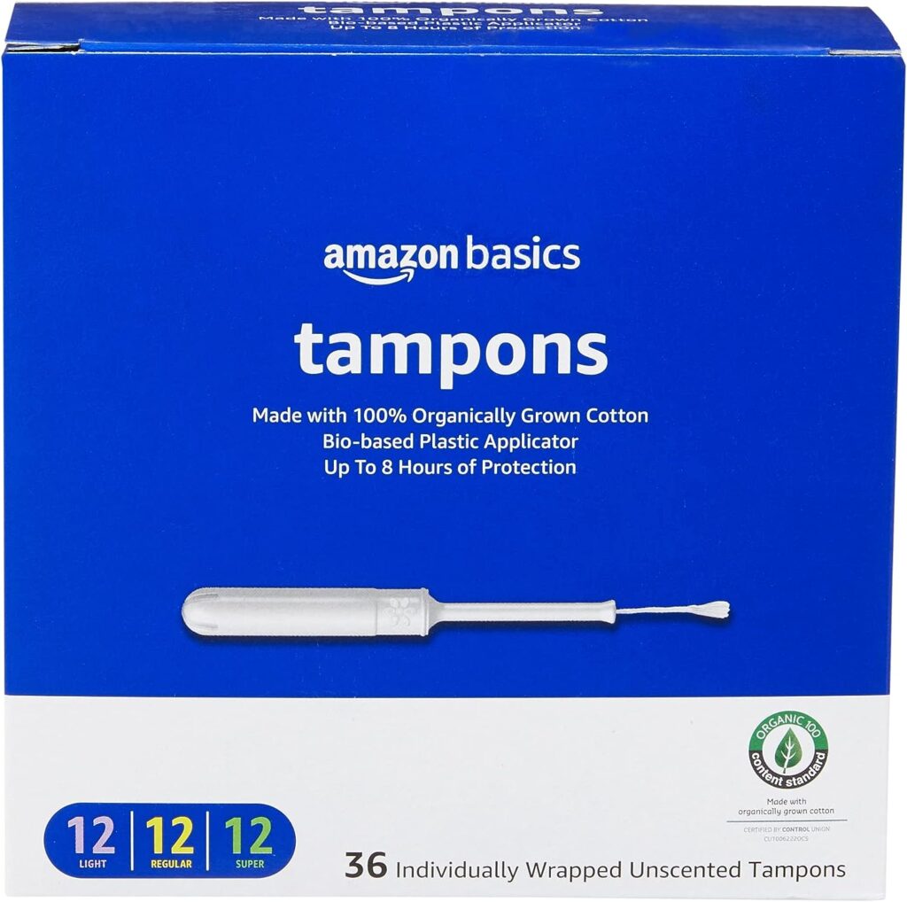 Amazon Basics Organic Tampons with Bio-Based Plastic Applicator, Light/Regular/Super Absorbency Multipack, Unscented, 36 Count, 1 Pack