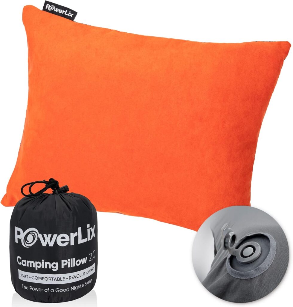 POWERLIX Travel Camping Pillow - Memory Foam  Inflatable - Removable Machine Washable Cover for Stomach and Side Sleeper, Adults Kids, Outdoor Camping Backpacking Hiking Car Essential Gear