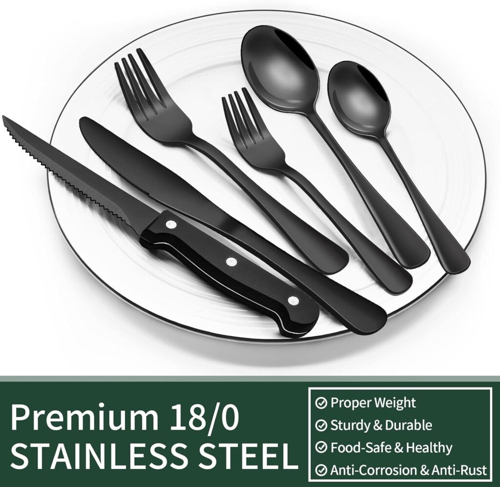 24-Piece Black Silverware Set with Steak Knives, Black Flatware Set for 4, Food-Grade Stainless Steel Tableware Cutlery Set, Mirror Finished Utensil Sets for Home Restaurant: Home  Kitchen