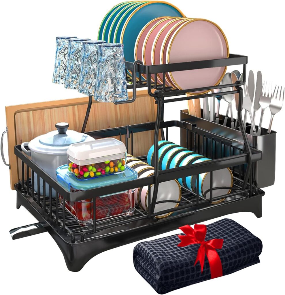 Amazon.com - Godboat Dish Drying Rack with Drainboard, 2-Tier Dish Racks for Kitchen Counter, Dish Drainer Set with Utensils Holder, Large Capacity Dish Strainers with Extra Drying Mat (Black)