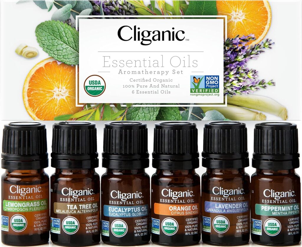 Cliganic USDA Organic Aromatherapy Essential Oils Set (Top 6), 100% Pure Natural - Peppermint, Lavender, Eucalyptus, Tea Tree, Lemongrass  Orange