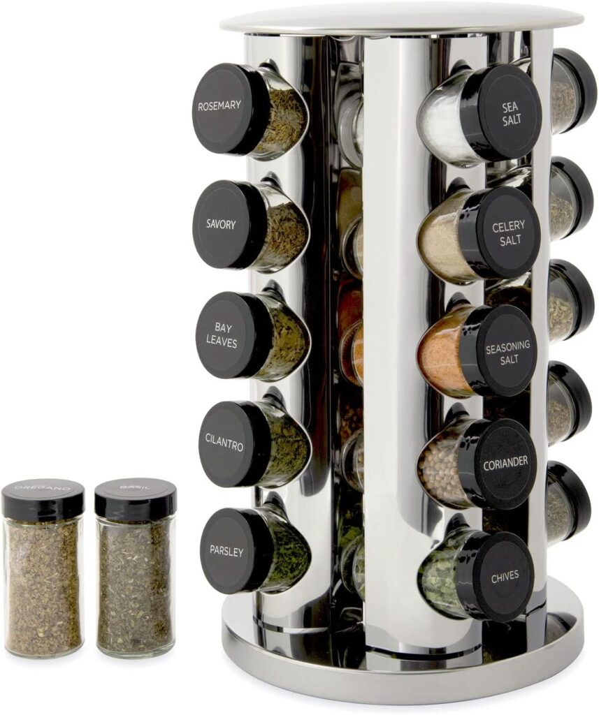 Kamenstein 20 Jar Revolving Countertop Spice Rack with Spices Included, FREE Spice Refills for 5 Years, Polished Stainless Steel with Black Caps, 30020