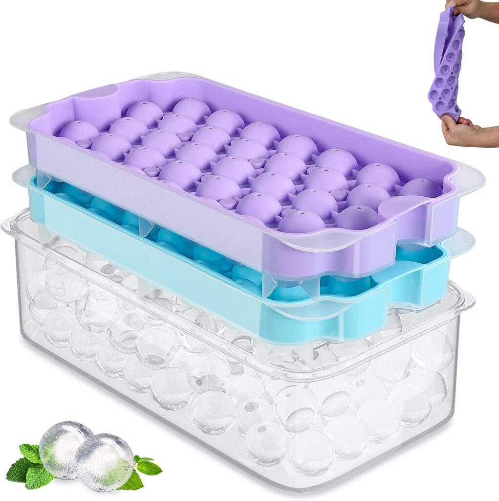 Upgrade Round Ice Cube Tray with Lid  Bin, TINANA Silicone Ice Ball Maker for Freezer, Easy Release Circle with Container Make 74 Mini Ice Balls for Chilling Whiskey, Cocktail, Coffee