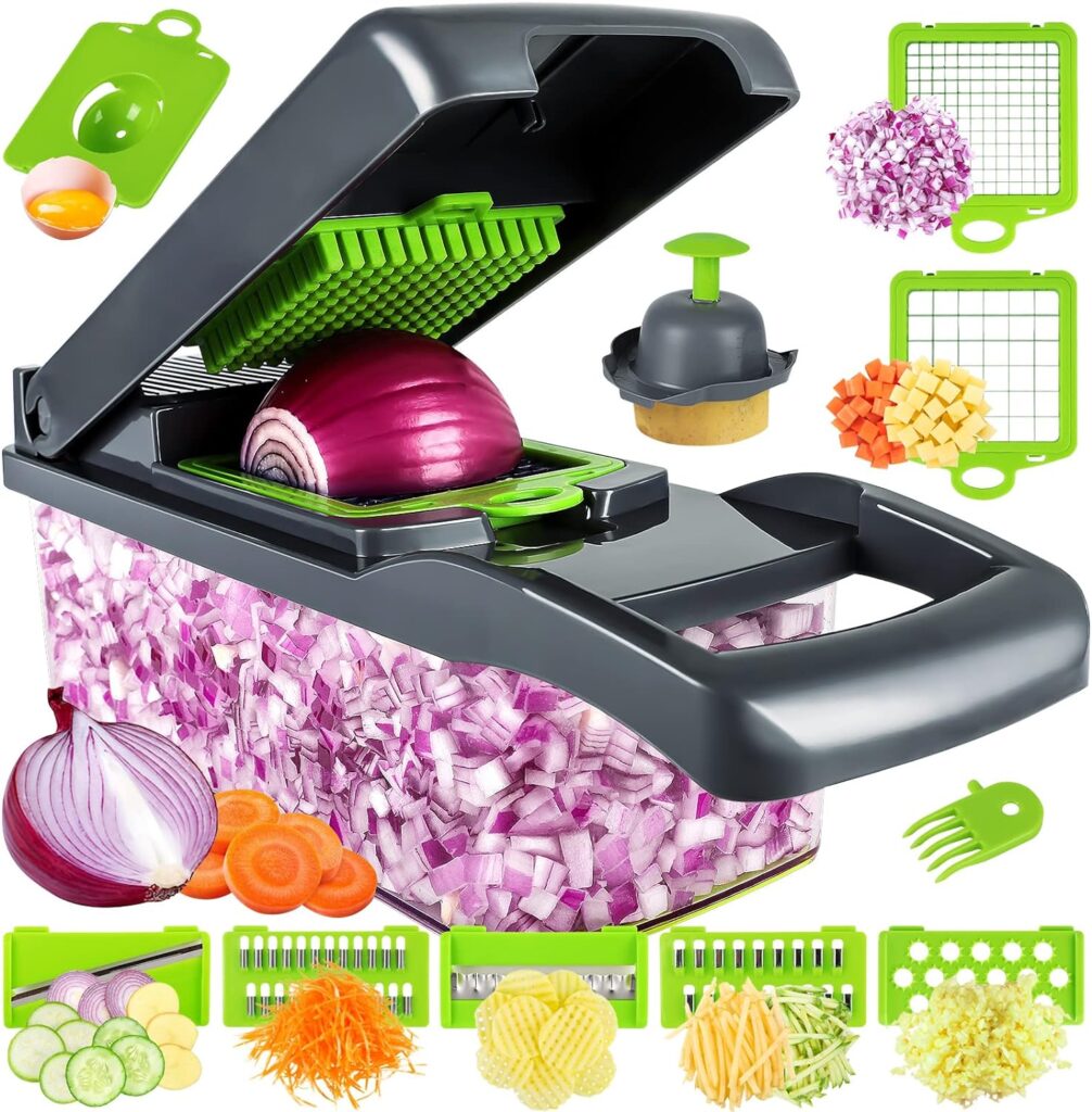 Vegetable Chopper, Pro Onion Chopper, Multifunctional 13 in 1 Food Chopper, Kitchen Vegetable Slicer Dicer Cutter,Veggie Chopper With 8 Blades,Carrot and Garlic Chopper With Container (Gray): Home  Kitchen
