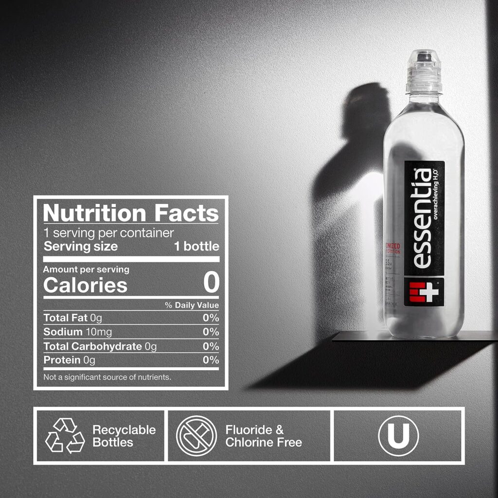 Essentia Bottled Water, Ionized Alkaline Water; 99.9% Pure, Infused with Electrolytes, 9.5 pH or Higher with a Clean, Smooth Taste, 23.67 Fl Oz (Pack of 24)