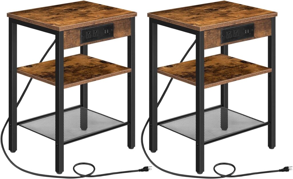 HOOBRO End Table Set of 2 with Charging Station and USB Ports, 3-Tier Nightstands with Adjustable Shelf, Narrow Side Table for Small Space in Living Room, Bedroom and Balcony, Rustic Brown BF112BZP201