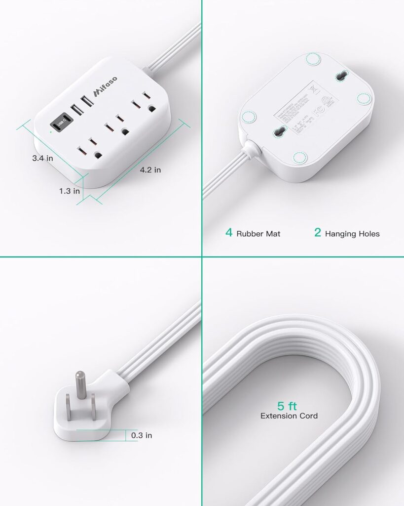 Mifaso Dorm Room Essentials Power Strip - Flat Extension Cord with Multiple Outlets, 5Ft Ultra Cord with 4 USB Ports, Non Surge Protector for Cruise Ship Travel, Desktop Charging Station for Dorm Room